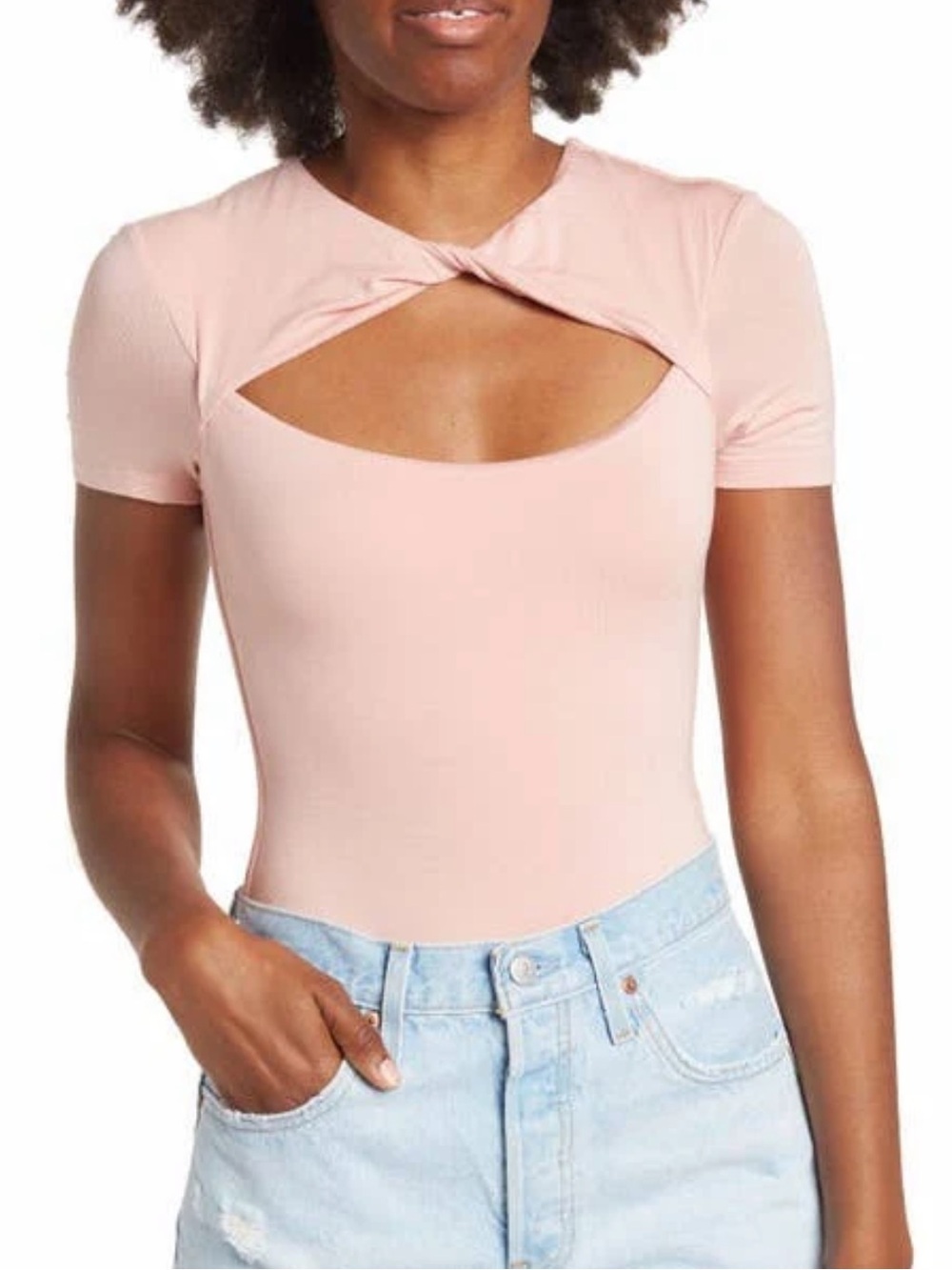 🌻NEW ASTR The Label Twist Soft Pink Cutout Bodysuit Short Sleeve Stretch Top S